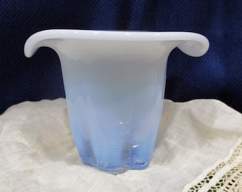 Vintage Blue and White Flared Art Glass Piece - Small Vase or Display