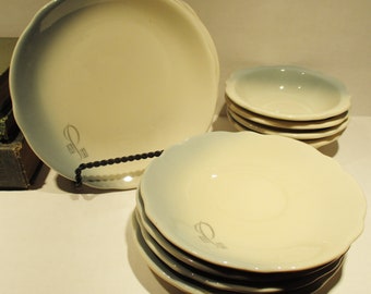 Vintage Jackson China Eleven Piece Set: Monogrammed AHP, Ombre Blue, Restaurant Ware,  Three Plates, Four Saucers, Four bowls, 1960's