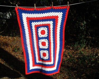 Handmade Patriotic Afghan - Red, White & Blue Lap Blanket - Estate Find - Perfect for Wheelchairs - Patriotic decor - Granny Chic - Vintage