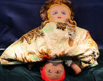 Vintage 1940's Topsy-Turvy Doll - Blonde Girl and Haitian Woman - Colorful Fabric