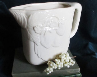 Vintage Creamy White USA Pottery Pitcher with Strawberry Trio Design - Mid-Century Charm, Unique Square Shape, Farmhouse - Free US Shipping