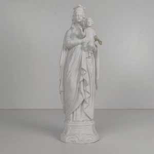 Estatua francesa antigua de 1900 Bisque Virgen María Nuestra Señora Niño Jesús Exquisita