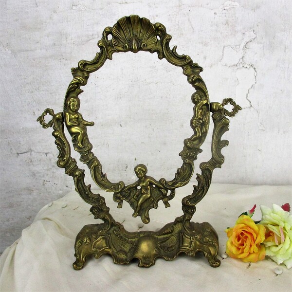 Rococo Ornate Brass Standing Adjustable Swivel Makeup Vanity Mirror Frame Angels