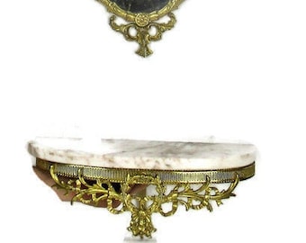 Ornate Demi Lune Console Brass Marble Top Ornate Mirror Hollywood Regency WOW
