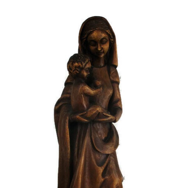 RESERVED DANIELA Large Virgin Mary Madonna Infant Child Hand Carved Wood Statue Gorgeous 24.4"