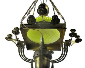 Impressive Chandelier Arts & Crafts Bauhaus Art Deco Brass Yellow Opaline Shade