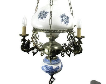 Lámpara colgante de porcelana blanca y azul de Delft con dragones góticos, 4 luces, HTF