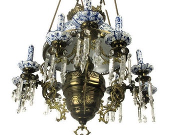 Antique Delft Blue White Porcelain Brass Chandelier Dutch 1 Light Exquisite