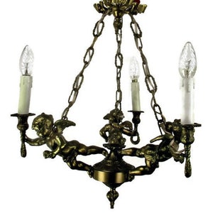 French Bronze Chandelier 3 Lights Arms Putti Cherub Hollywood Regency Romantic