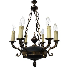 French Empire Chandelier Green Tole Brass 6 arms Hollywood Regency Beautiful