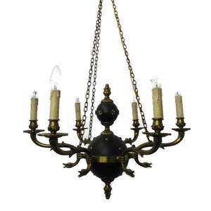 French Empire Chandelier Green Tole Brass 6 arms Hollywood Regency Ducks WOW