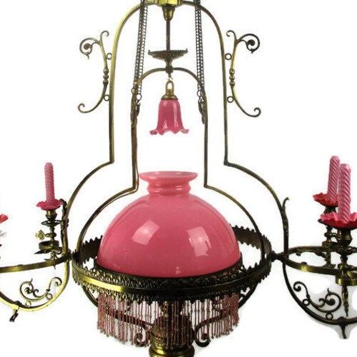 French Vintage Lamp Chandelier Shade Gas Oil Glass Flowers Art Nouveau 