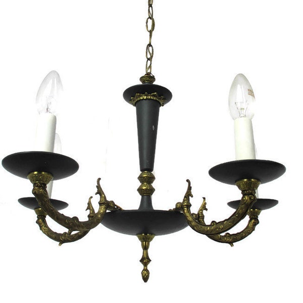French Empire Chandelier Green Tole Brass 5 arms Hollywood Regency Toleware