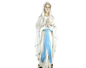 XL Virgin Mary Madonna Our Lady of Lourdes Plaster Statue Chapel French 26.37"