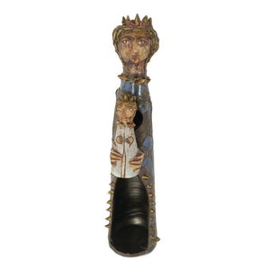 Vintage Statue Skulptur Terrakotta Keramik glasierte polychrome Jungfrau Maria Madonna Säugling Jesus gekrönt WOW