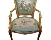 Needlepoint Armchair Fauteuil Louis XV style Carved Wood Hobnails Young Boy HTF