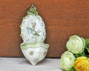 Antique Holy Water Font Chalice Crucifix Porcelain Wall Hanging Vessel