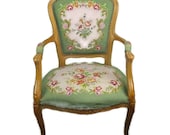 Needlepoint Armchair Fauteuil Louis XV style Carved Wood Hobnails HTF Flowers