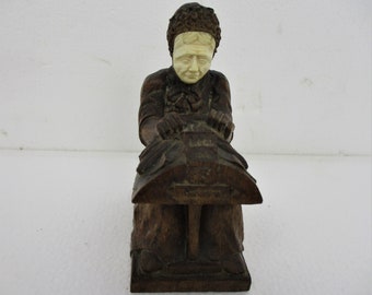 Hand Carved Wooden Statue Woman Bruges Brugge Lace Maker Folk Art Lovely Sculpture