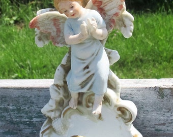 Large Vintage Holy Water Font Porcelain Sweet Angel Beautiful 8.46"