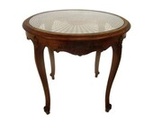 Vintage Round Hand Carved Wooden Oak Rattan Coffee Side Table Louis XV Philippe Ornate