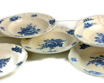 Antiguos platos de sopa de 1900 7 piezas Boch Mettlach raro Blue Rose Art Nouveau