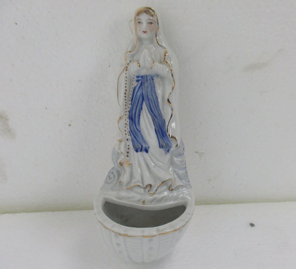Antique French Holy Water Font Vessel Bisque Porcelain Virgin Etsy