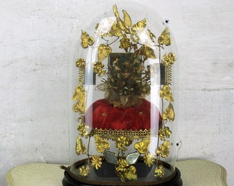 Antigua cúpula de boda nupcial francesa victoriana dorada hojas Ormolu Birds 19thC