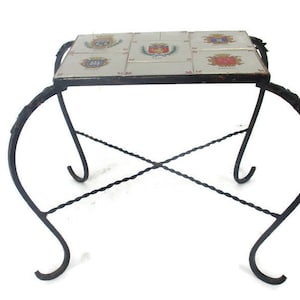 French Shields Vintage Side Table Plant stand Ceramic Tiles Wrought Iron Legs