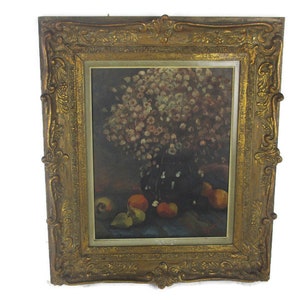 Oil Painting on Canvas  Gorgeous Wooden Frame   Still life Flowers Vase Signed Exquisite