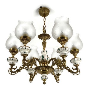 Vintage Chandelier brass Porcelain Glass Shades 6 lights Fixture Light