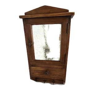 Medicine Cabinet, Apothecary, Pharmacy, wall hanging, carved wood, towel hooks barn style