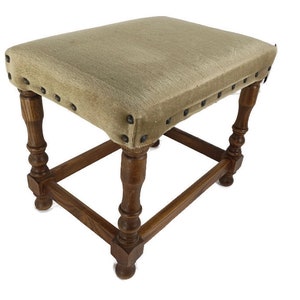 Footstool Ottoman Wooden Legs Green fabric  Hobnails Mid Century modern Vintage