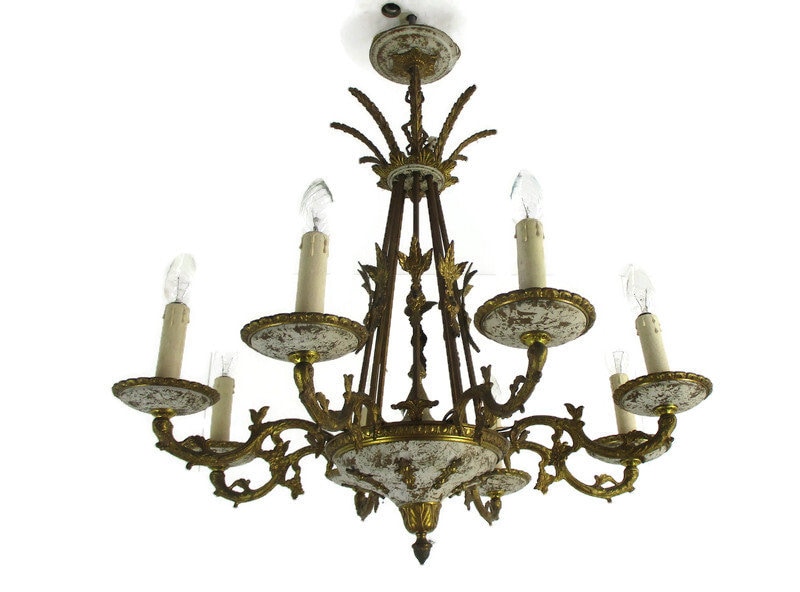 lustre renaissance à 8 lampes, style empire, bronze doré, cuivre magnifique