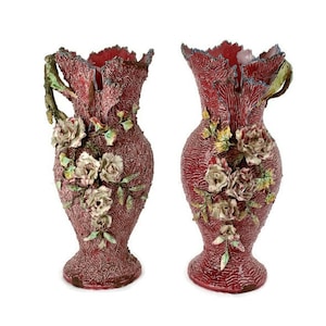 Pair of 19th Century Barbotine Vases France Antique Majolica Adorned Flowers