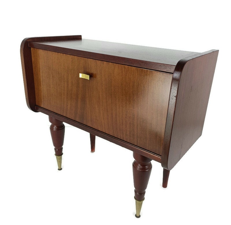 Table De Chevet Funky Vintage En Bois, Style Mid-Century Moderne, Table Chevet, Commode Pieds Laiton