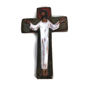 Medium Ceramic Crucifix Cross polychrome wall hanging vintage era Perignem