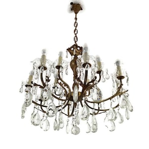 Chandelier 8 Arms Lights Brass Crystal Glass bells Prisms Stunning Fixture vintage