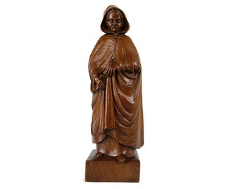 Handgesneden houten standbeeld beeldje sculptuur oude kant dame Brugge ondertekend VanMet volkskunst