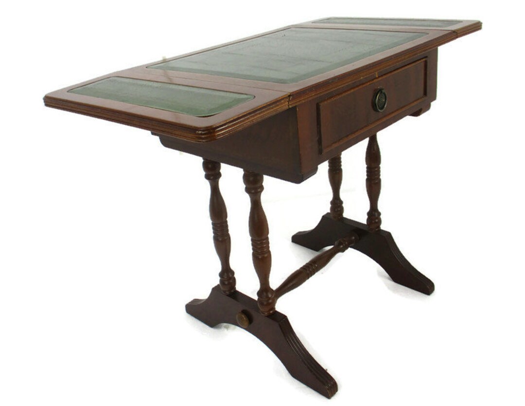 Antique Hallway Drop Gate Gaming Side Table Wood Faux Leather Country ...