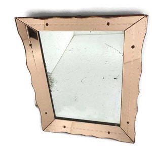 Large Art Deco Nouveau Wall Hanging Ornate Mirror Vanity Dresser Clear Etched Pink Glass