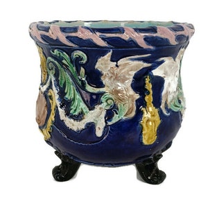 Planter Cache Pot French Pottery Faience Majolica Vintage Gorgeous Blue