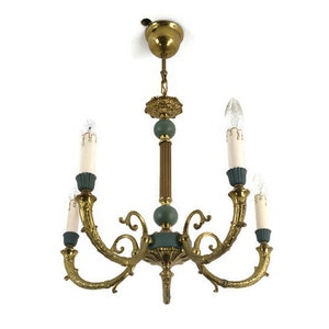 French Empire Pan Chandelier Brass Green 5 arms Lights Hollywood regency HTF
