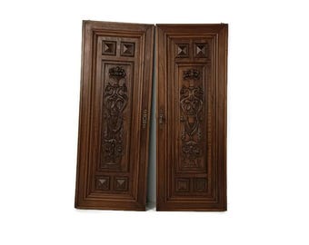 Pair Antique French hand Carved Wood Door Panels Reclaimed Architectural dragons