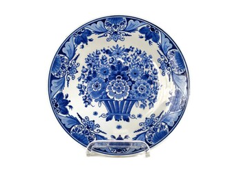 Vintage Charger Plate Delft Blue White de Porceleyne Fles Hand Painted flower basket