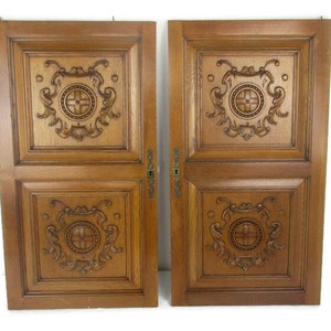 Pair  Hand Carved Wooden  Door Panels Reclaimed Architectural Medieval Style