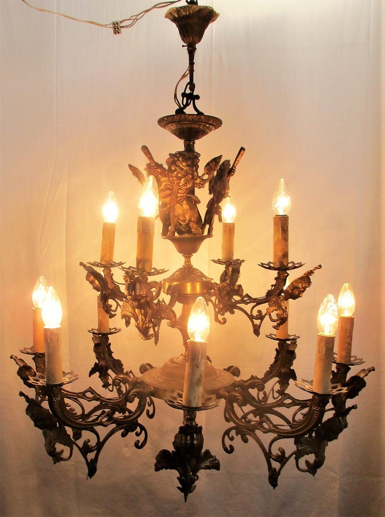 Large French Impressive 12 Arms Lights Castle Medusa Chandelier Lion Heads HTF image 2