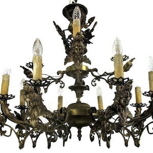 Large French Impressive 12 Arms Lights Castle Medusa Chandelier Lion Heads HTF image 1