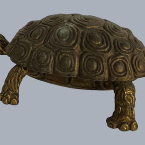 Può includere: Una statuetta di tartaruga in ottone con un guscio segmentato e testurizzato caratterizzato da motivi circolari concentrici. La scultura in metallo presenta una finitura dorata scura e usurata, una piccola testa protesa in avanti, quattro zampe dettagliate con artigli visibili e una coda corta.