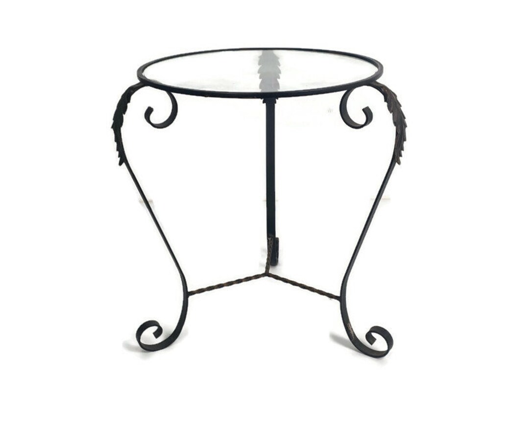 Retro Small Side Table Plant Stand Wrought Iron Clear Glass Top Funky